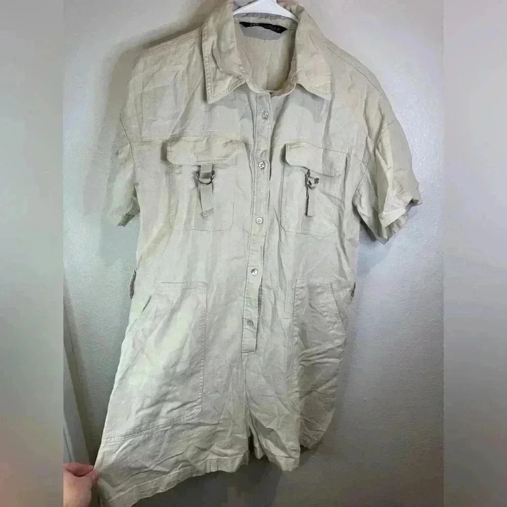 Zara Women's Linen Viscose Blend Short Sleeve Button Up Beige Romper Size M